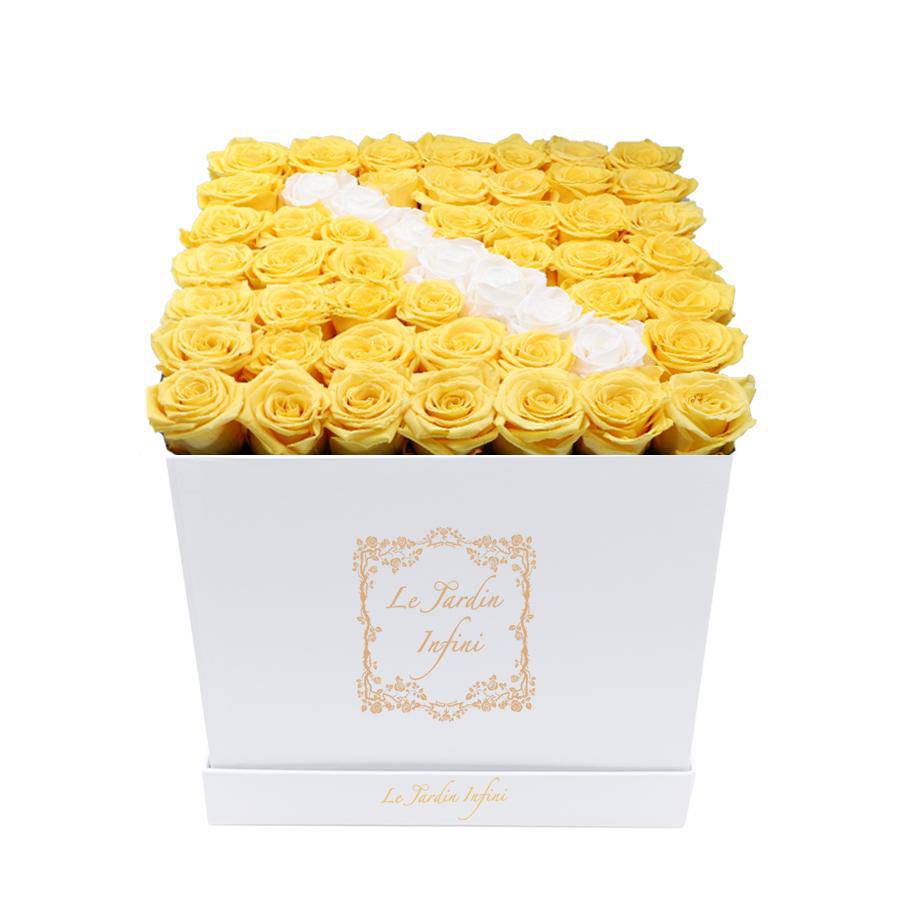 Slash Design White & Yellow Preserved Roses - Large Square Luxury White Box