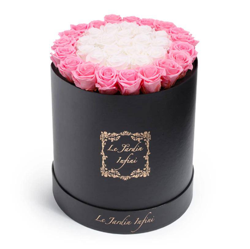 Soft Pink and White Circles Roses in a Box - Large Round Black Box
