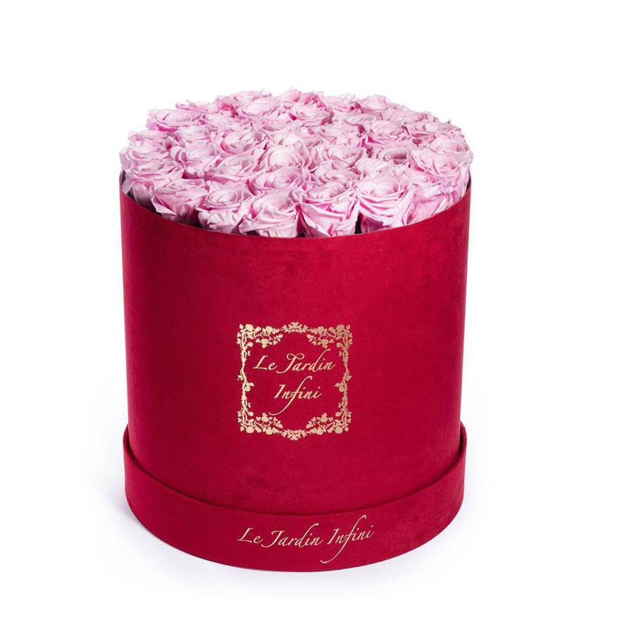 Soft Pink Preserved Roses - Large Round Luxury Red Suede Box - Le Jardin Infini Roses in a Box