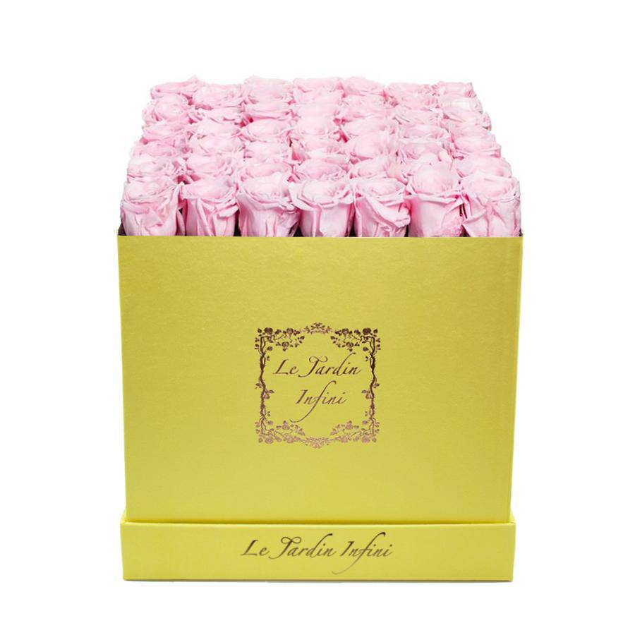 Soft Pink Preserved Roses - Large Square Luxury Yellow Suede Box