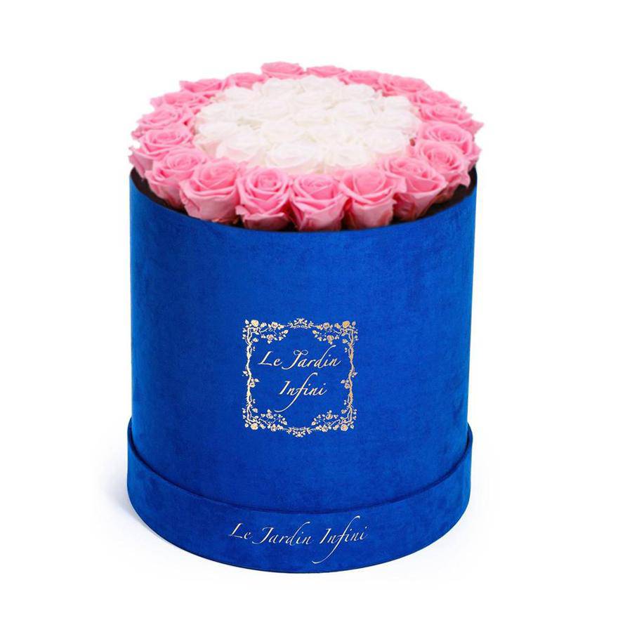 Soft Pink & White Circles Preserved Roses - Large Round Luxury Blue Suede Box