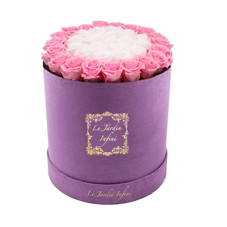 Soft Pink & White Circles Preserved Roses - Large Round Luxury Purple Suede Box - Le Jardin Infini Roses in a Box
