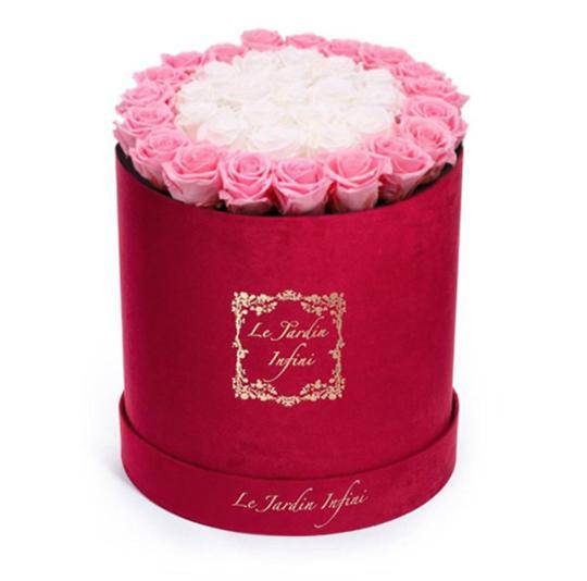 Soft Pink & White Circles Preserved Roses - Large Round Luxury Red Suede Box - Le Jardin Infini Roses in a Box