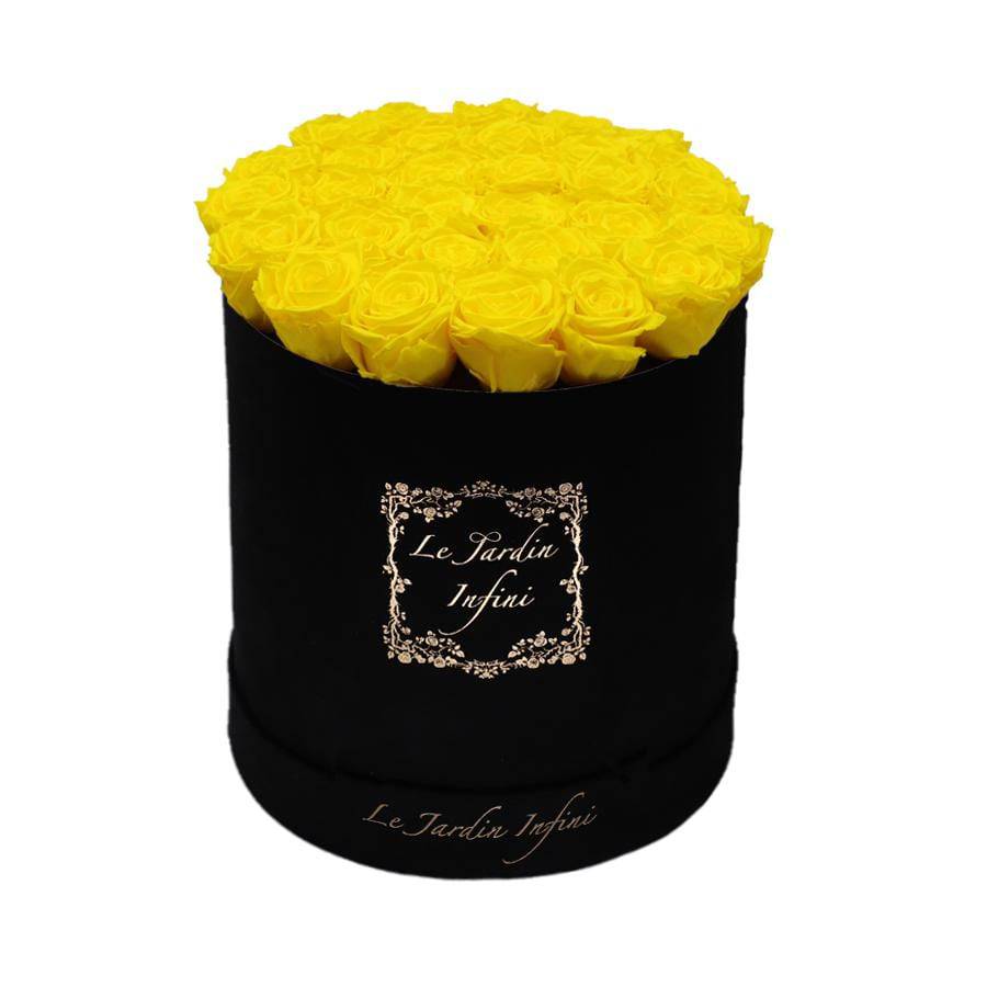 Warm Yellow Preserved Roses - Large Round Luxury Black Suede Box - Le Jardin Infini Roses in a Box