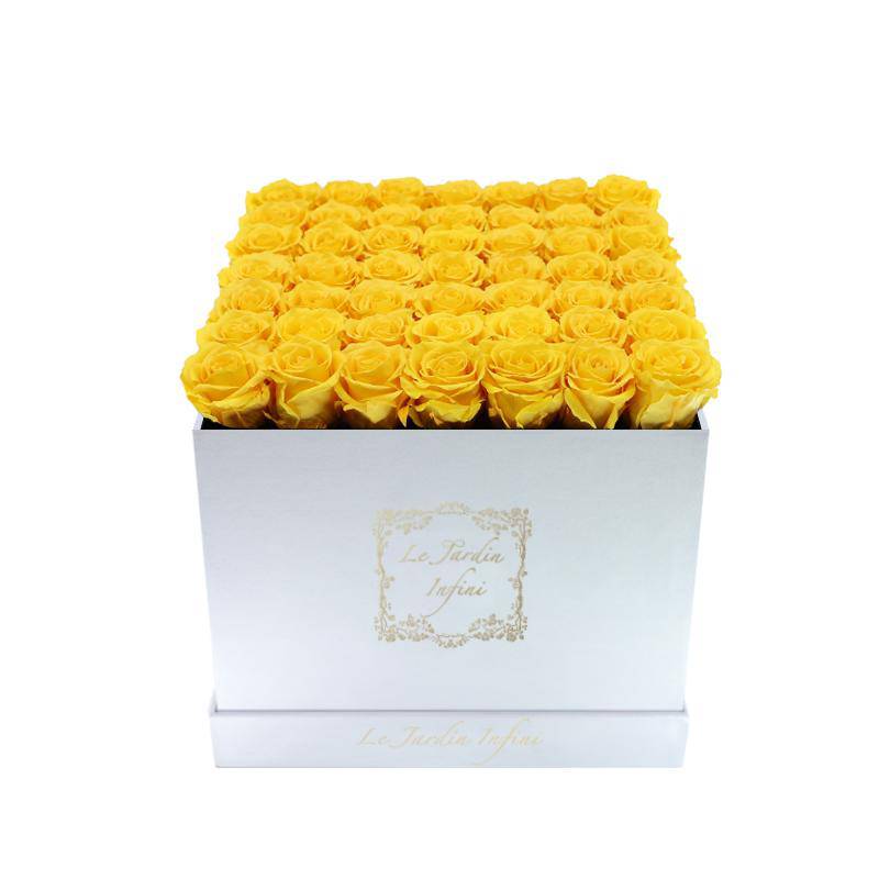 Warm Yellow Preserved Roses - Large Square Luxury White Suede Box