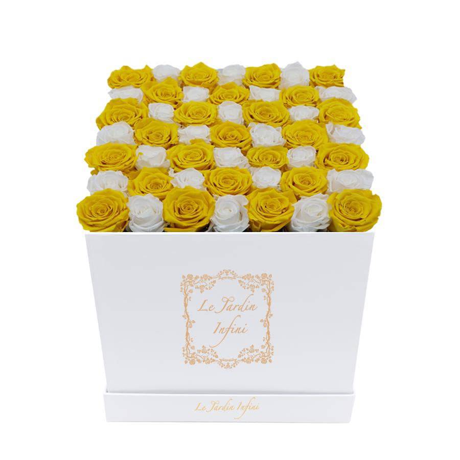 Warm Yellow & White Checker Preserved Roses - Large Square Luxury White Box