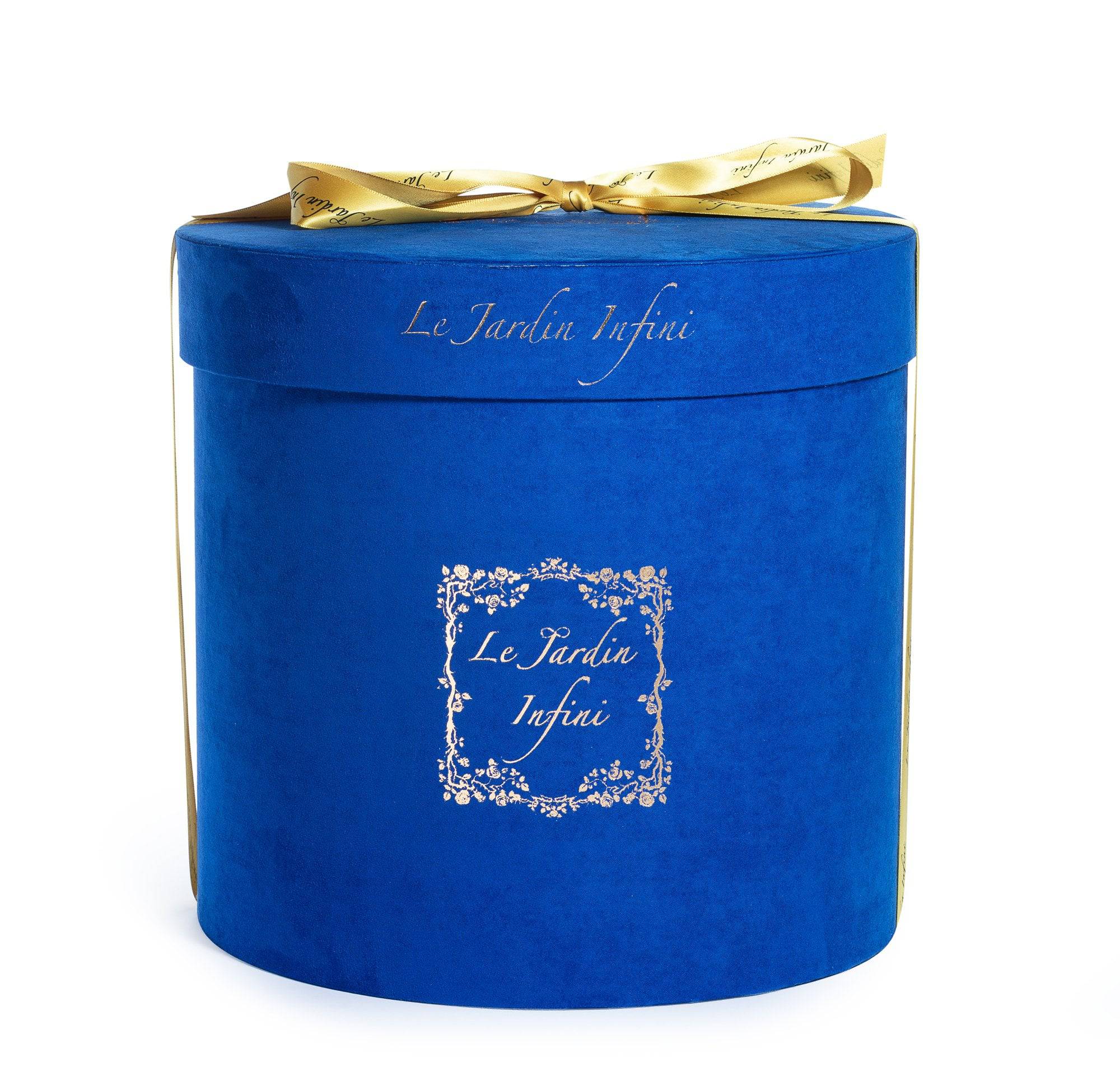 White preserved roses box - Large Round Luxury Blue Suede Box - Le Jardin Infini Roses in a Box