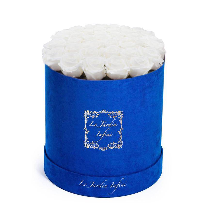 White preserved roses box - Large Round Luxury Blue Suede Box - Le Jardin Infini Roses in a Box