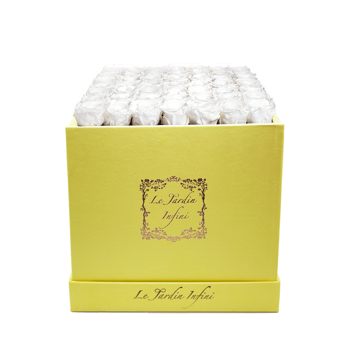 White Preserved Roses Eternal Flowers - Large Square Luxury Yellow Suede Box