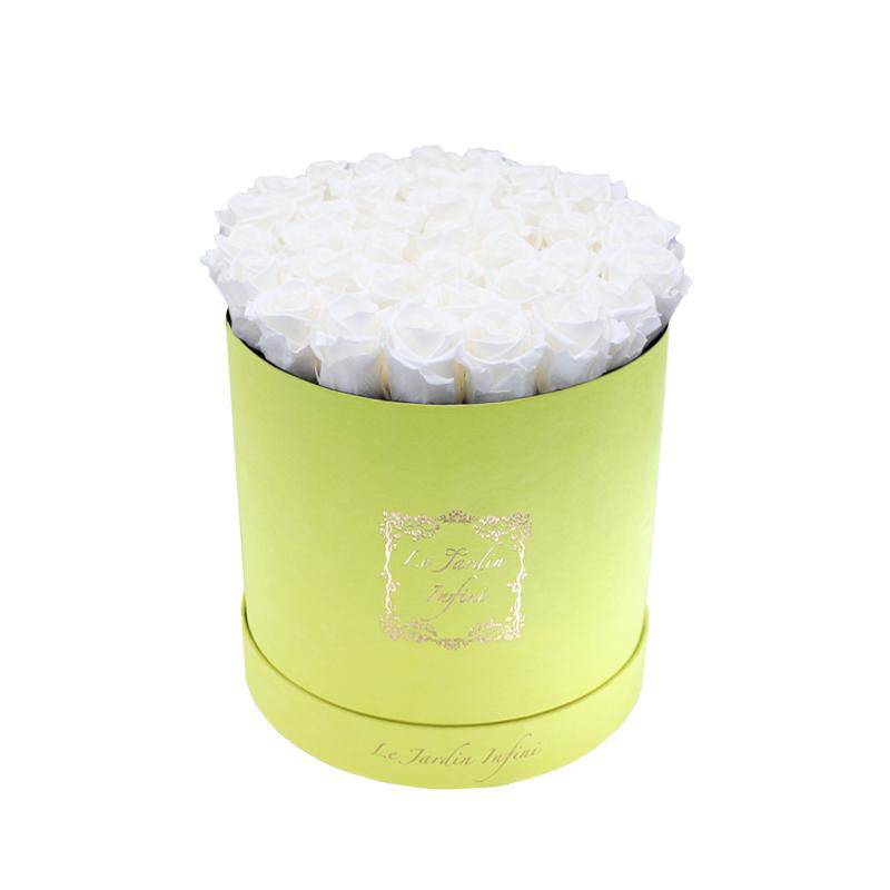 White Preserved Roses Eternal Roses - Large Round Luxury Yellow Suede Box