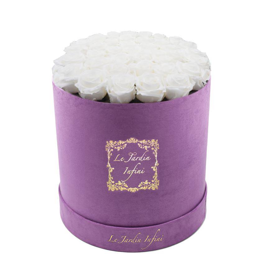 White Preserved Roses forever roses - Large Round Luxury Purple Suede Box - Le Jardin Infini Roses in a Box