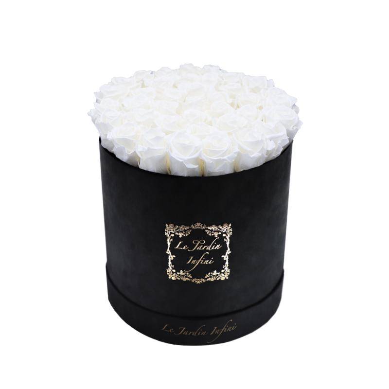White Preserved Roses - Large Round Luxury Black Suede Box