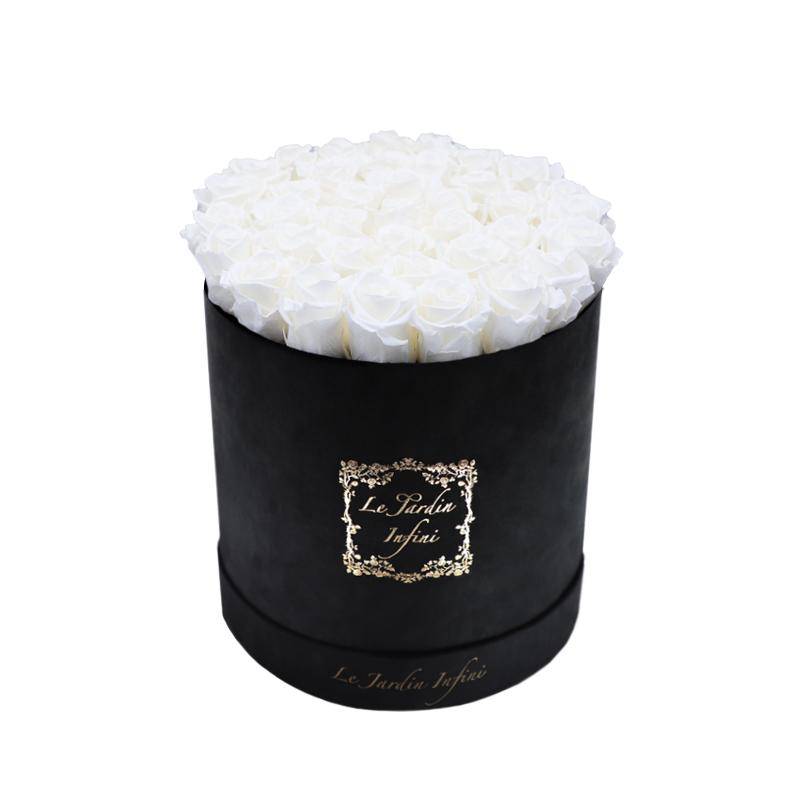 White Preserved Roses - Large Round Luxury Black Suede Box