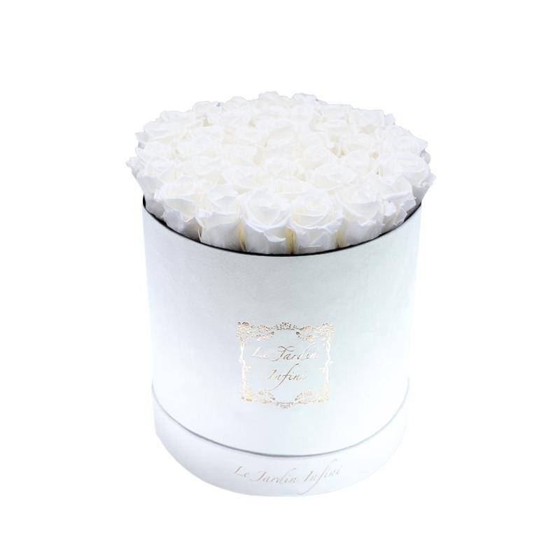 White Preserved Roses - Large Round Luxury White Suede Box
