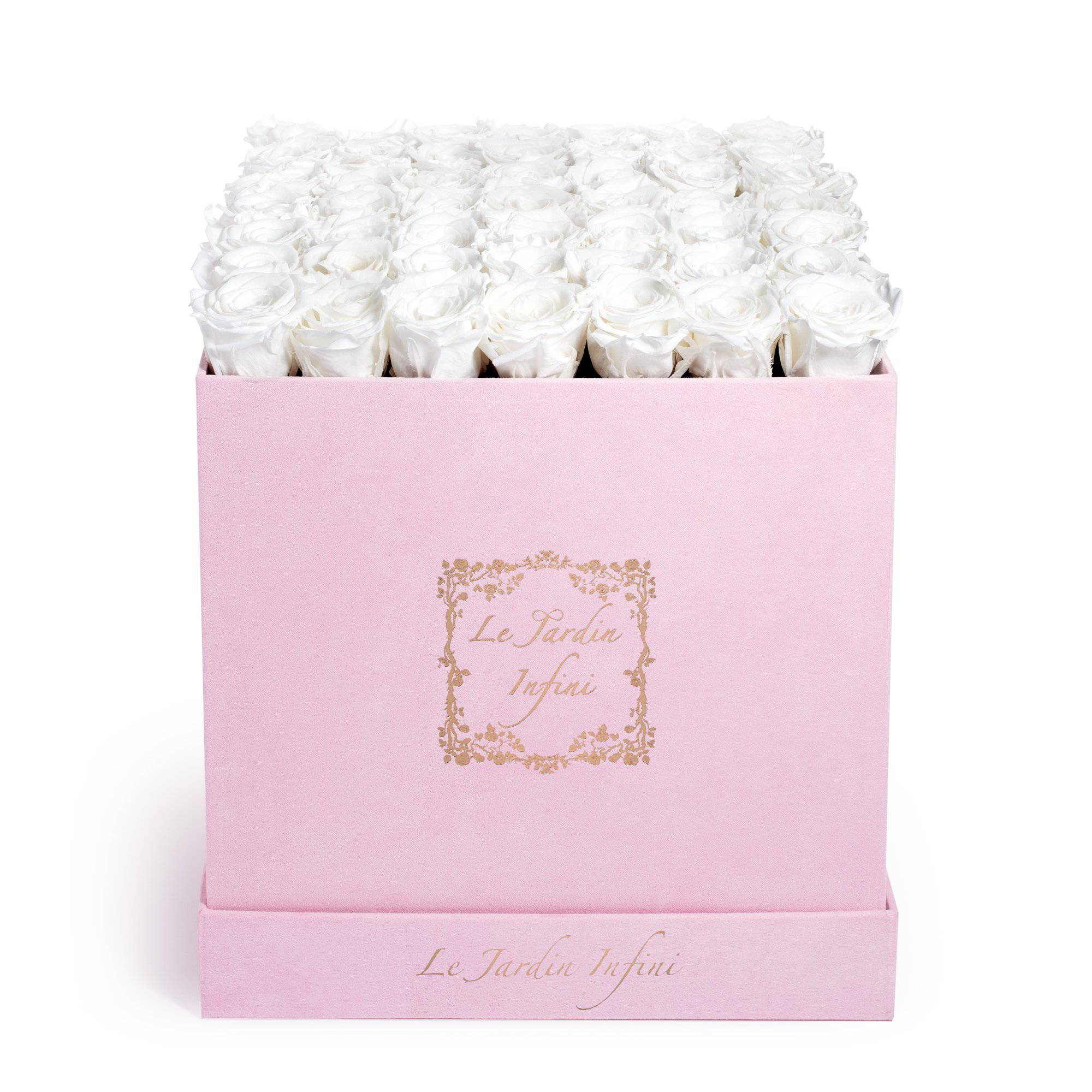 White Preserved Roses  - Large Square Luxury Pink Suede Box