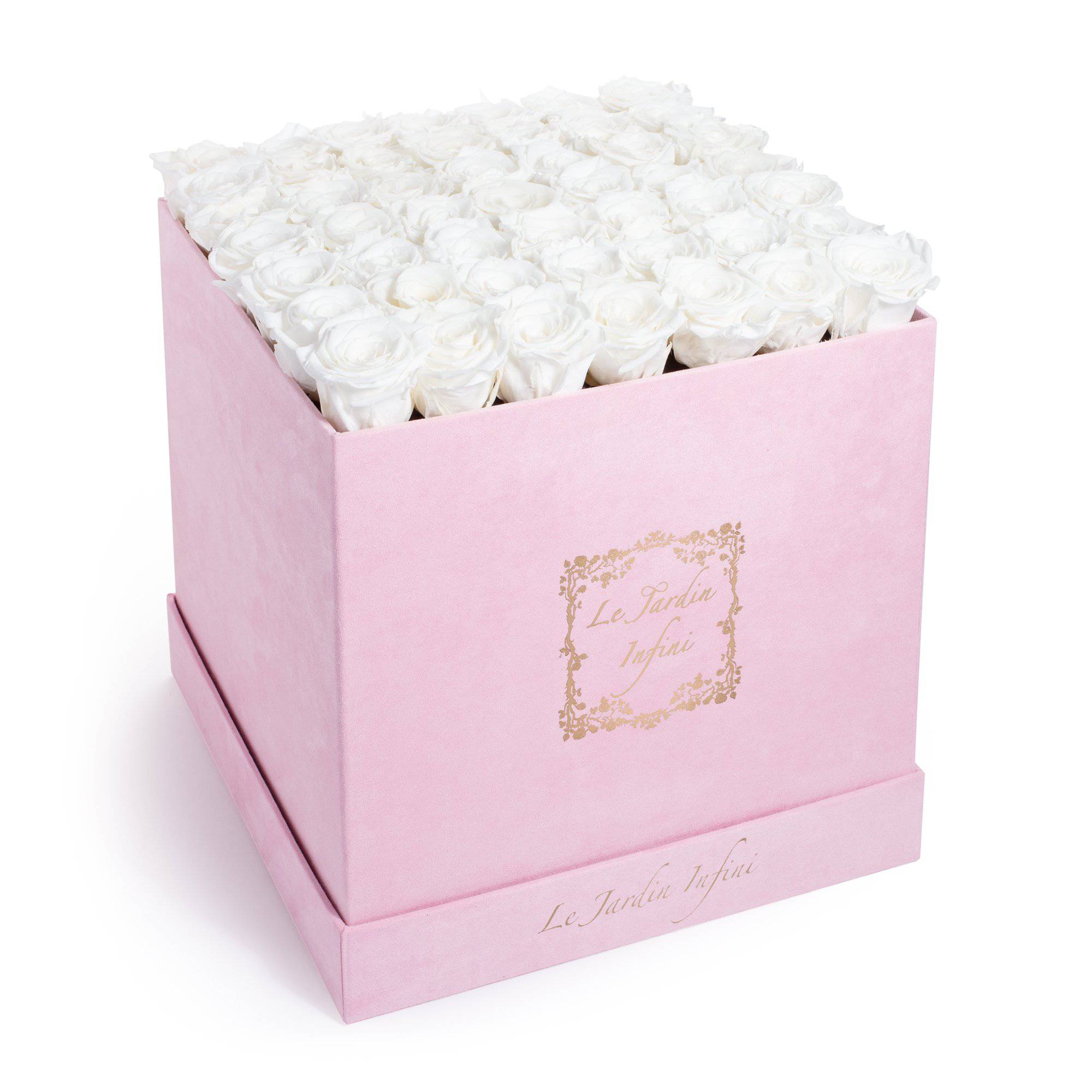 White Preserved Roses  - Large Square Luxury Pink Suede Box