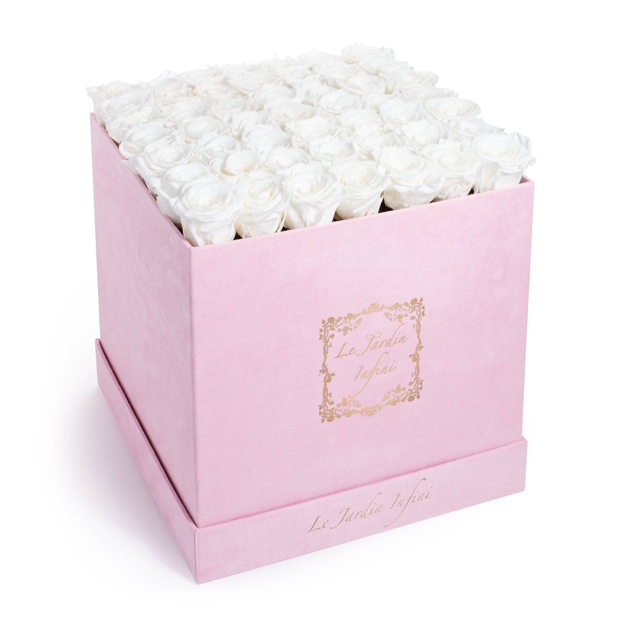 White Preserved Roses  - Large Square Luxury Pink Suede Box - Le Jardin Infini Roses in a Box