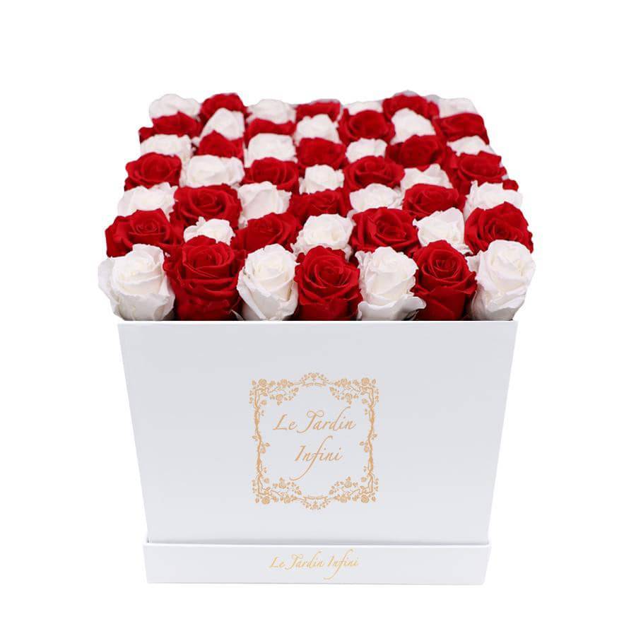 White & Red Checker Preserved Roses - Large Square White Box - Le Jardin Infini Roses in a Box