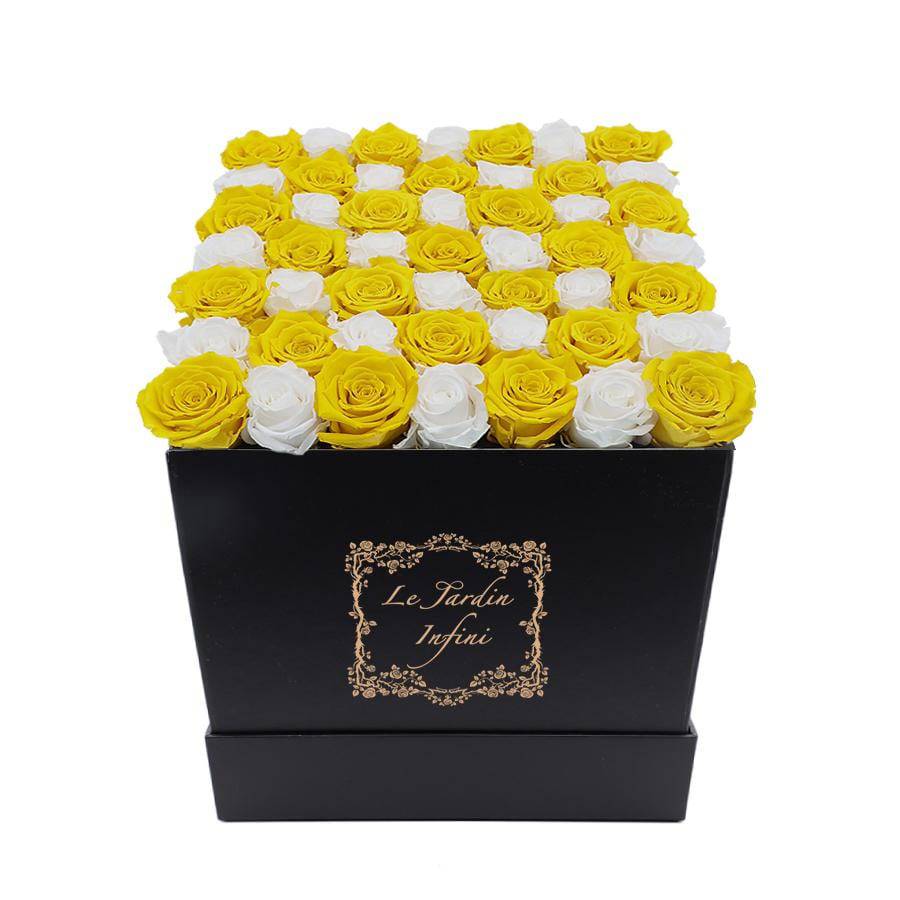 Yellow & White Checker Preserved Roses - Large Square Luxury Black Box - Le Jardin Infini Roses in a Box