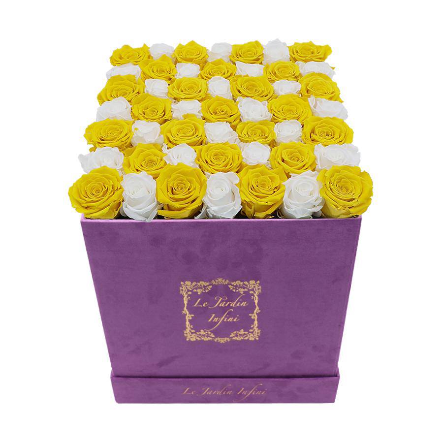Yellow & White Checker Preserved Roses - Large Square Luxury Purple Suede Box - Le Jardin Infini Roses in a Box