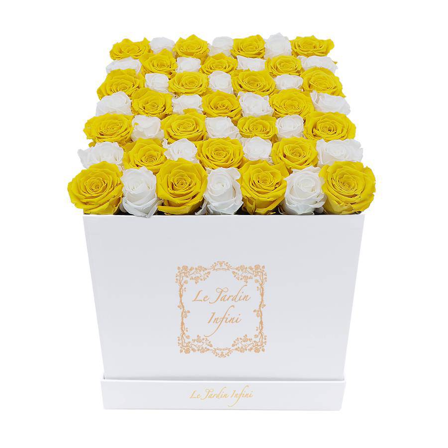 Yellow & White Checker Preserved Roses - Large Square Luxury White Box