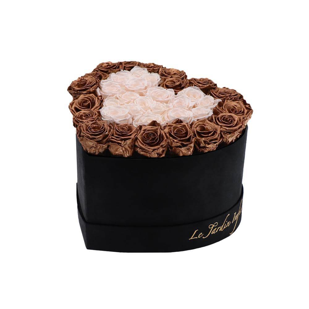 36 Copper & Champagne Hearts Preserved Roses in A Heart Shaped Box- Small Heart Luxury Black Suede Box