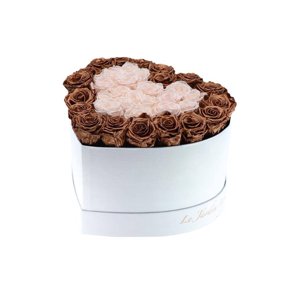36 Copper & Champagne Hearts Preserved Roses in A Heart Shaped Box- Small Heart Luxury White Suede Box