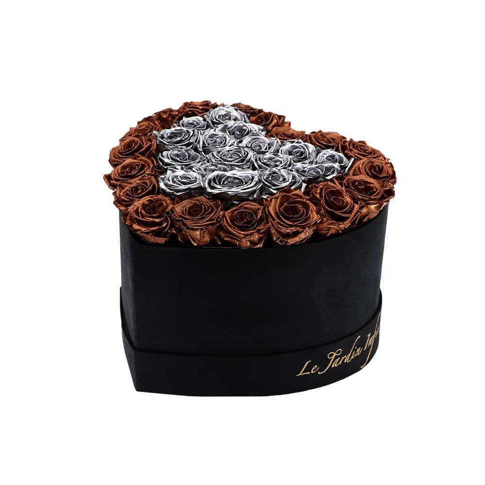 36 Copper & Silver Hearts Preserved Roses in A Heart Shaped Box- Small Heart Luxury Black Suede Box