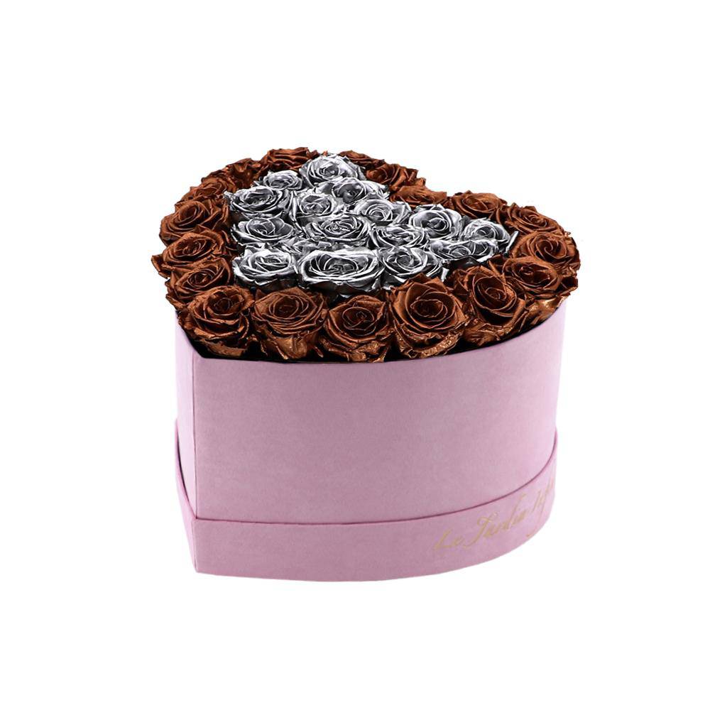 36 Copper & Silver Hearts Preserved Roses in A Heart Shaped Box- Small Heart Luxury Pink Suede Box - Le Jardin Infini Roses in a Box