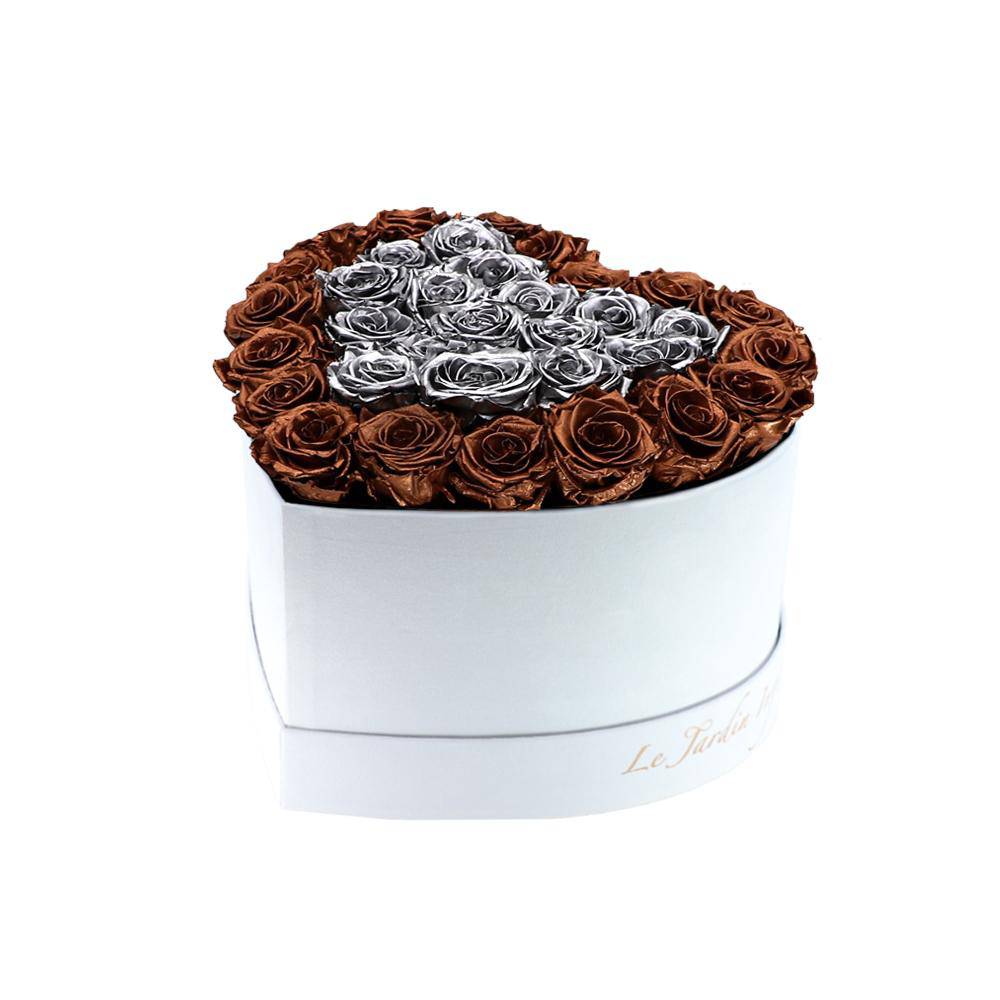 36 Copper & Silver Hearts Preserved Roses in A Heart Shaped Box- Small Heart Luxury White Suede Box