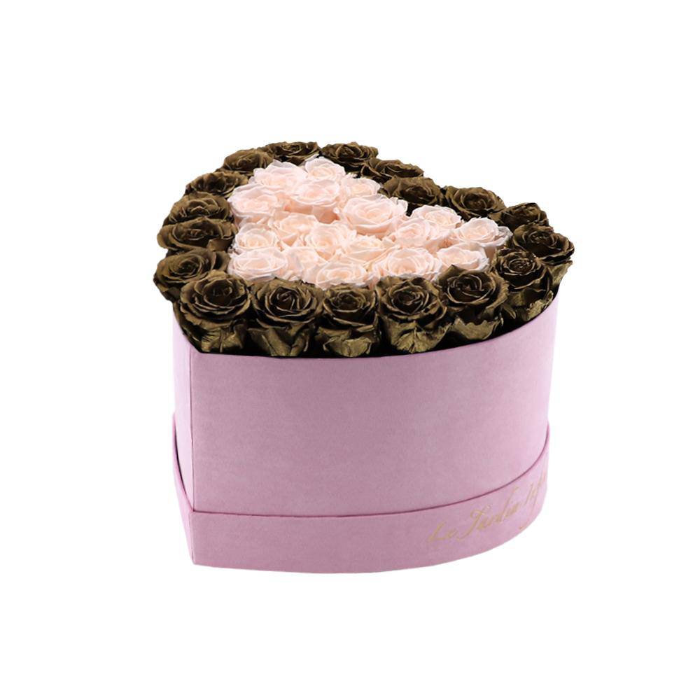 36 Dark Gold & Champagne Hearts Preserved Roses in A Heart Shaped Box- Small Heart Luxury Pink Suede Box