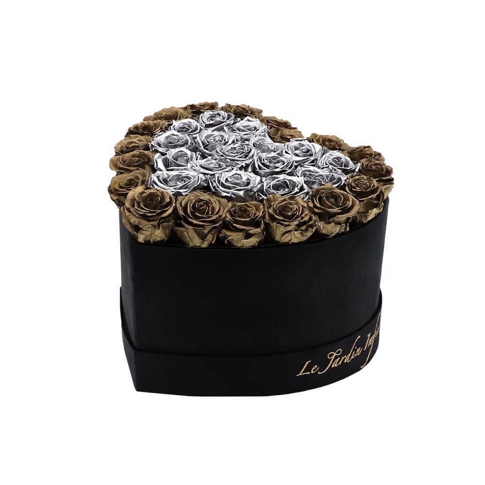 36 Dark Gold & Silver Hearts Preserved Roses in A Heart Shaped Box- Small Heart Luxury Black Suede Box - Le Jardin Infini Roses in a Box