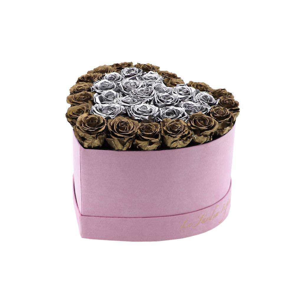 36 Dark Gold & Silver Hearts Preserved Roses in A Heart Shaped Box- Small Heart Luxury Pink Suede Box - Le Jardin Infini Roses in a Box