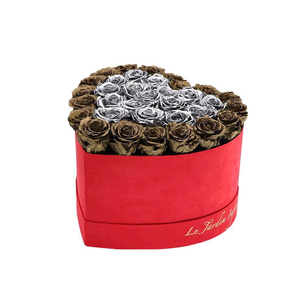 36 Dark Gold & Silver Hearts Preserved Roses in A Heart Shaped Box- Small Heart Luxury Red Suede Box