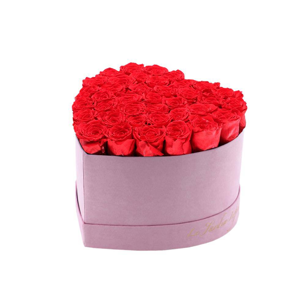 36 Dark Pink Preserved Roses in A Heart Shaped Box- Small Heart Luxury Pink Suede Box - Le Jardin Infini Roses in a Box