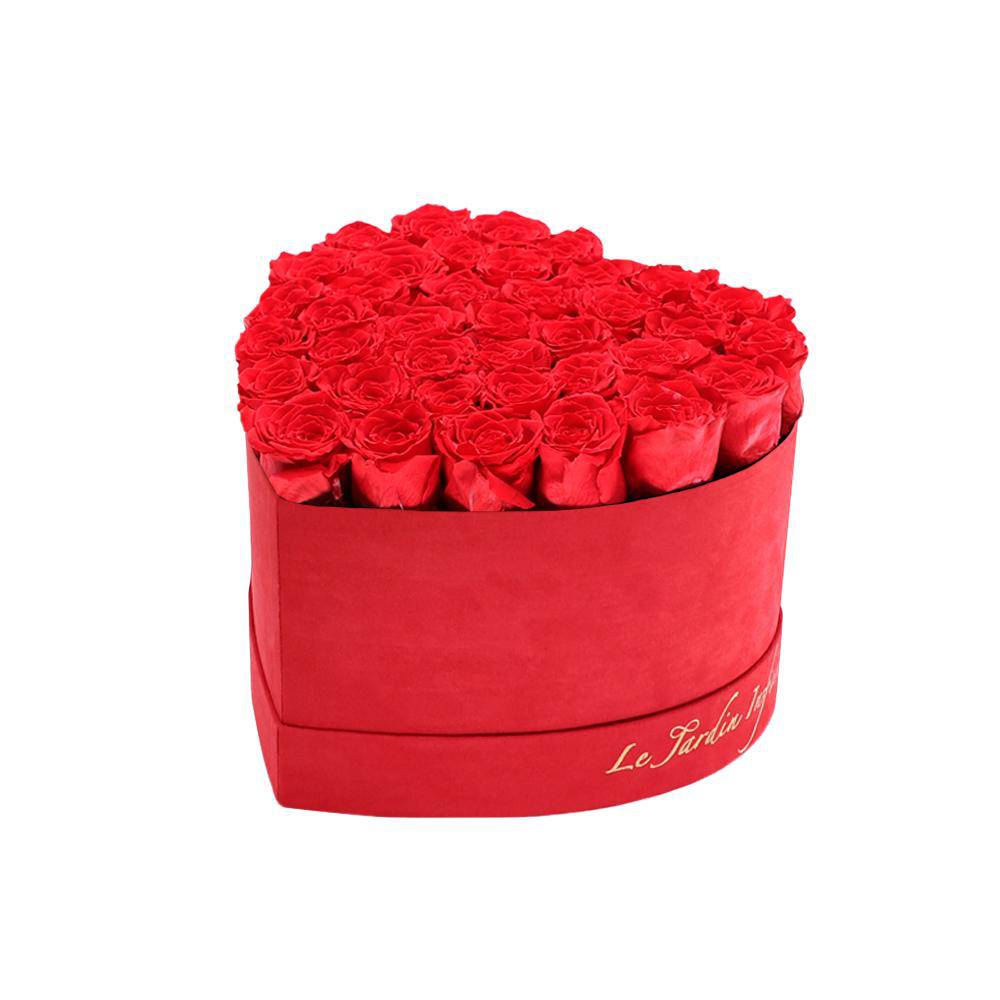 36 Dark Pink Preserved Roses in A Heart Shaped Box - Small Heart Luxury Red Suede Box