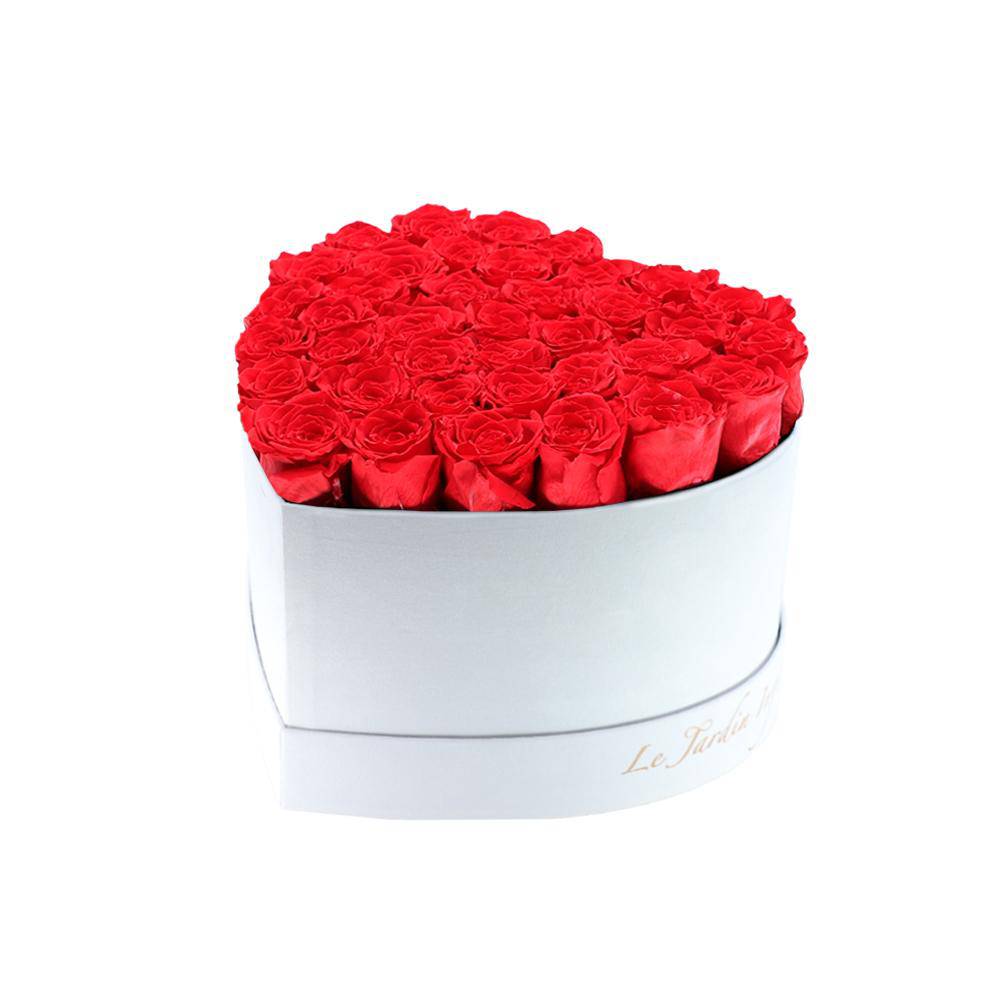 36 Dark Pink Preserved Roses in A Heart Shaped Box- Small Heart Luxury White Suede Box