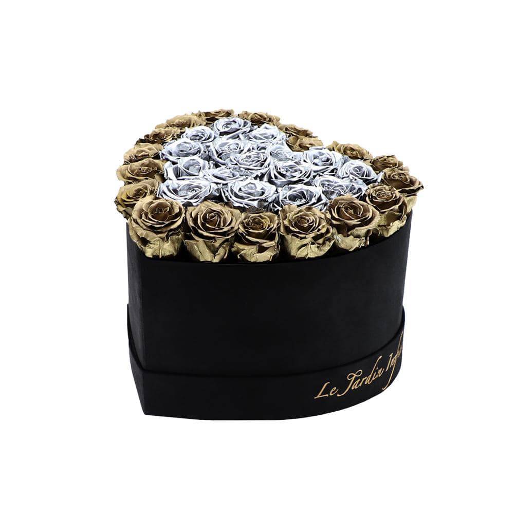36 Gold & Silver Hearts Preserved Roses in A Heart Shaped Box- Small Heart Luxury Black Suede Box