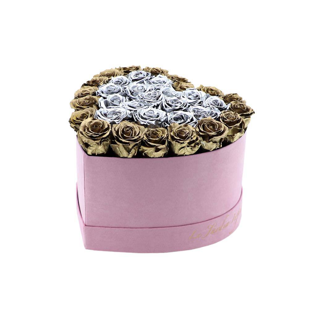 36 Gold & Silver Hearts Preserved Roses in A Heart Shaped Box- Small Heart Luxury Pink Suede Box - Le Jardin Infini Roses in a Box