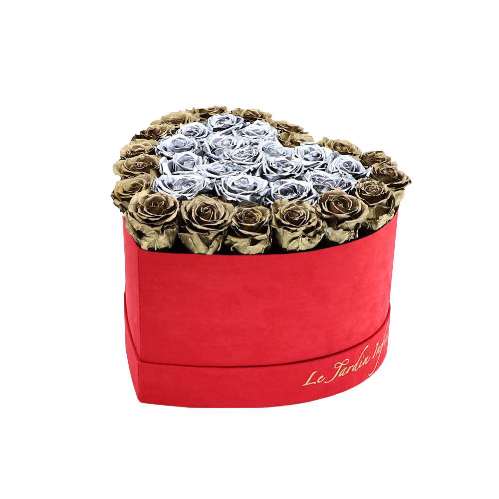 36 Gold & Silver Hearts Preserved Roses in A Heart Shaped Box- Small Heart Luxury Red Suede Box - Le Jardin Infini Roses in a Box