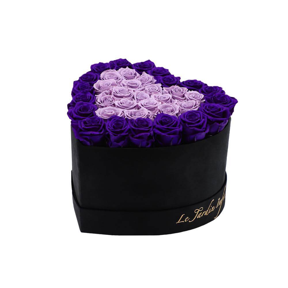 36 Lilac & Purple Hearts Preserved Roses in A Heart Shaped Box- Small Heart Luxury Black Suede Box