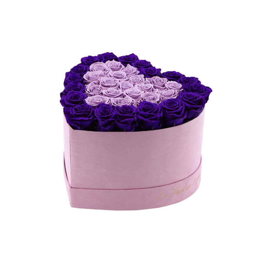 36 Lilac & Purple Hearts Preserved Roses in A Heart Shaped Box- Small Heart Luxury Pink Suede Box - Le Jardin Infini Roses in a Box