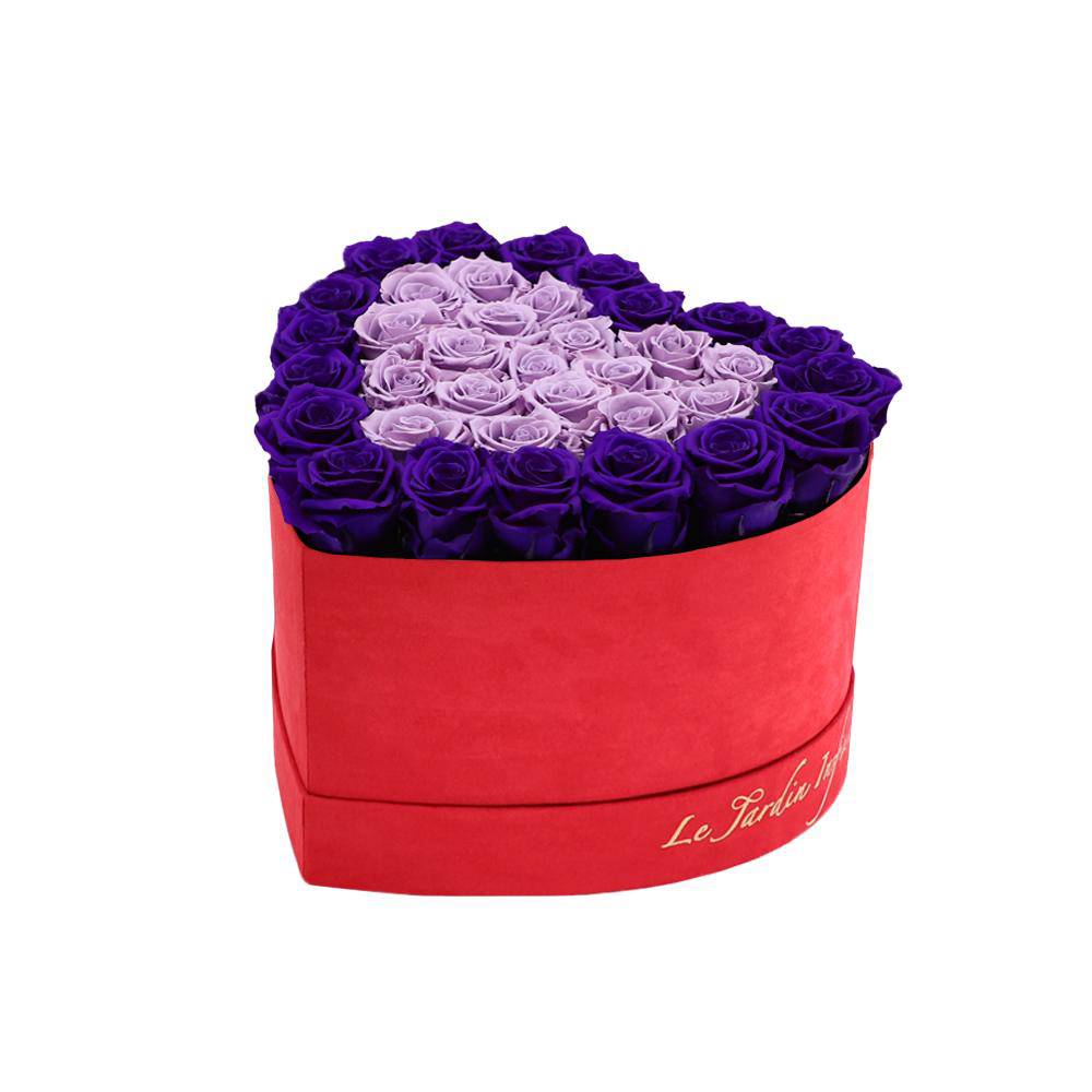 36 Lilac & Purple Hearts Preserved Roses in A Heart Shaped Box- Small Heart Luxury Red Suede Box - Le Jardin Infini Roses in a Box
