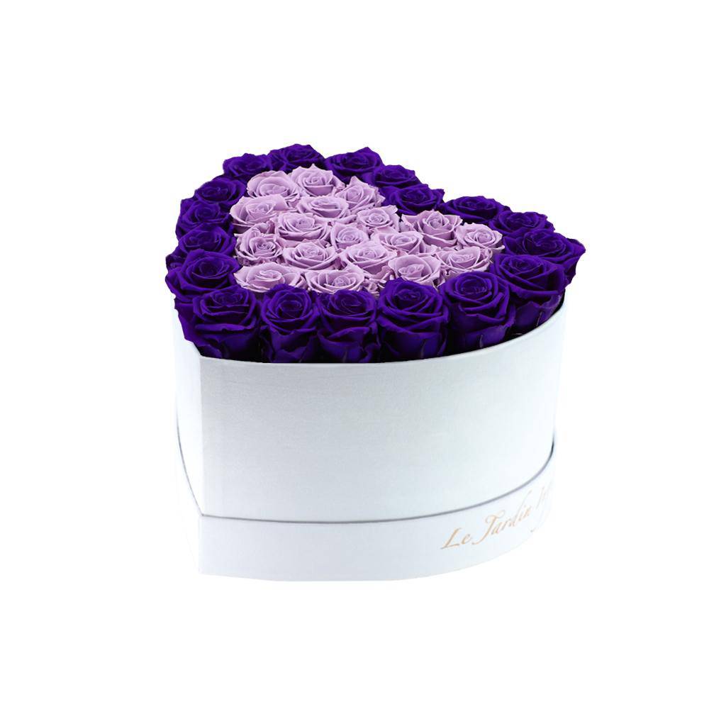 36 Lilac & Purple Hearts Preserved Roses in A Heart Shaped Box- Small Heart Luxury White Suede Box
