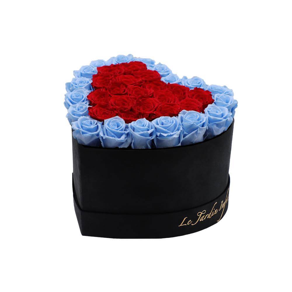 36 Red & Baby Blue Hearts Preserved Roses in A Heart Shaped Box- Small Heart Luxury Black Suede Box