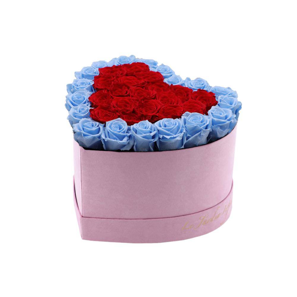 36 Red & Baby Blue Hearts Preserved Roses in A Heart Shaped Box- Small Heart Luxury Pink Suede Box - Le Jardin Infini Roses in a Box