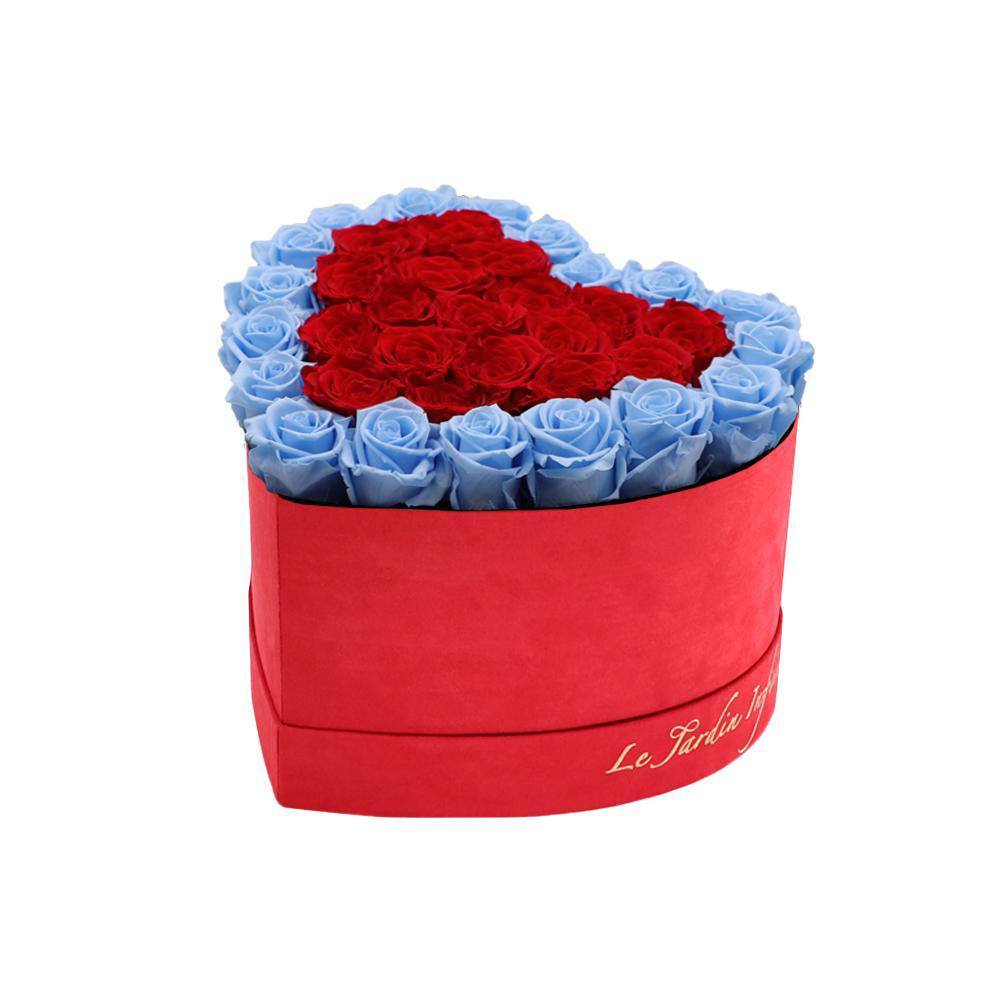 36 Red & Baby Blue Hearts Preserved Roses in A Heart Shaped Box- Small Heart Luxury Red Suede Box