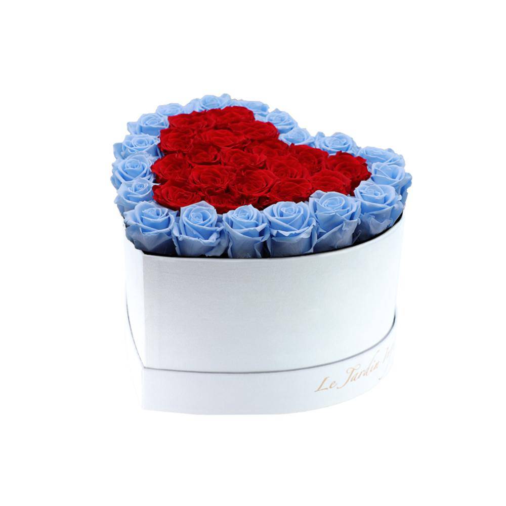 36 Red & Baby Blue Hearts Preserved Roses in A Heart Shaped Box- Small Heart Luxury White Suede Box