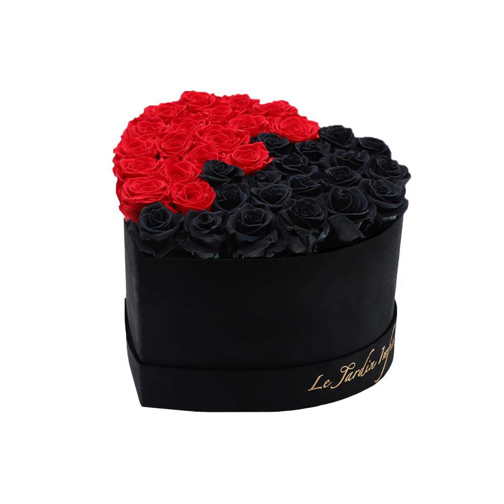 36 Red & Black Puzzle Preserved Roses in A Heart Shaped Box- Small Heart Luxury Black Suede Box - Le Jardin Infini Roses in a Box