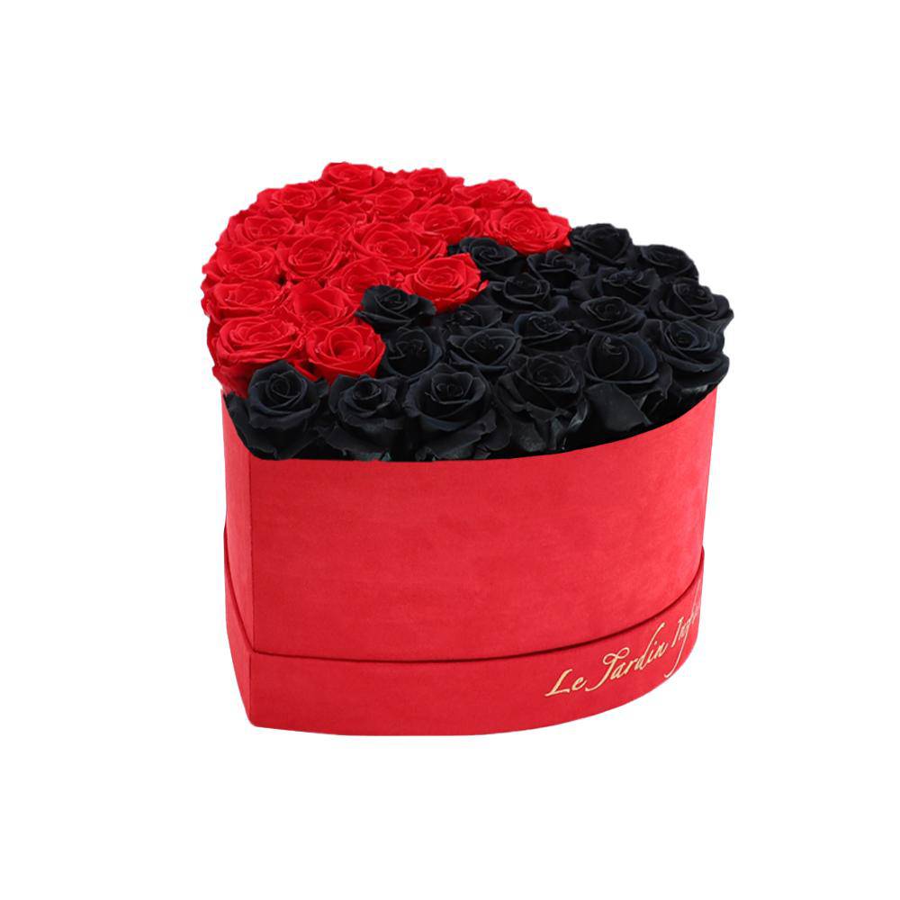 36 Red & Black Puzzle Preserved Roses in A Heart Shaped Box- Small Heart Luxury Red Suede Box